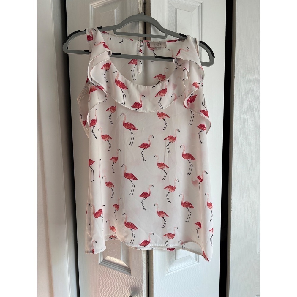 LOFT Flamingo Print Ruffle Neck Blouse Tank Top Size M Pink White - Picture 3 of 5